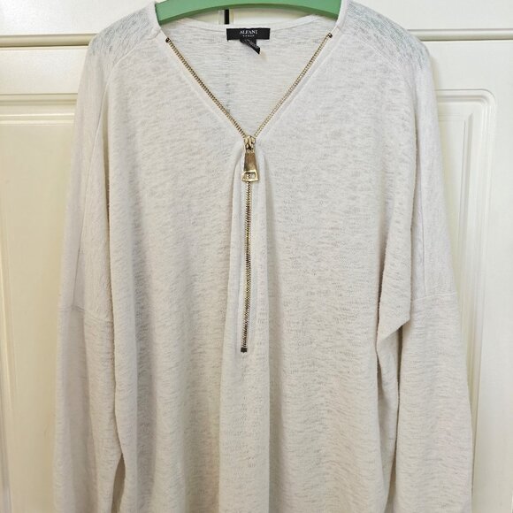 Tops - Alfani White Sweater with Gold Zipper, Size 2X